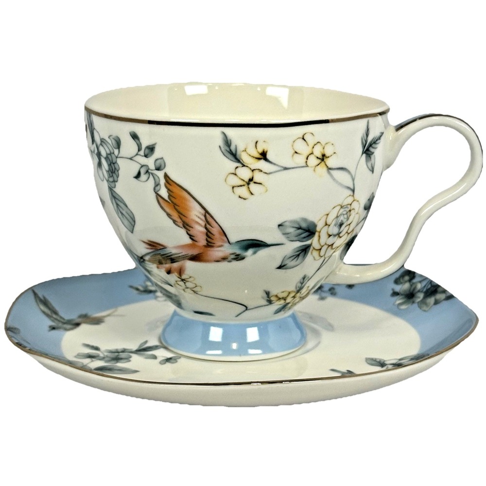 Park Chateau Bird Floral Teacup Saucer Blue Gold Trim Porcelain NEW Victorian